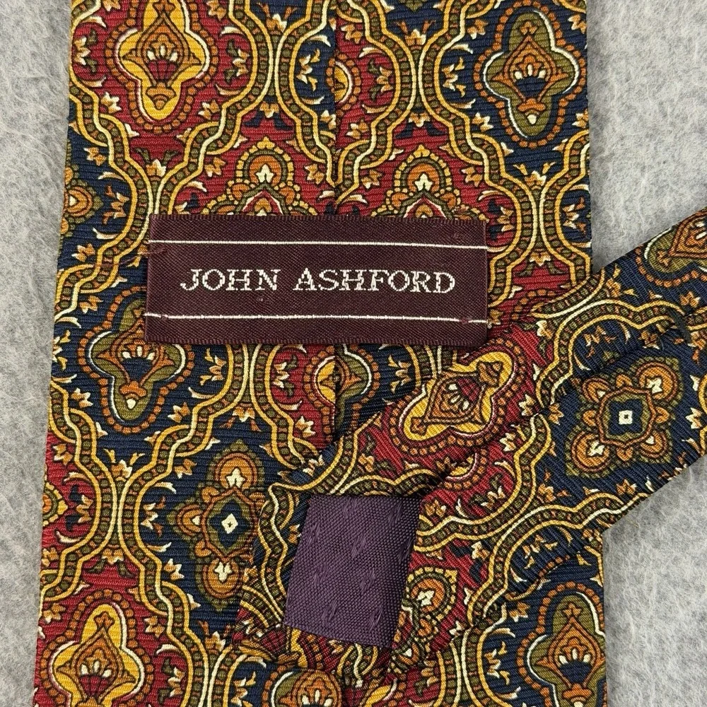 Vintage John Ashford USA Silk Tie Burgundy Navy Gold Medallion Wide 56x3.75